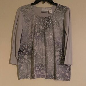Alfred Dunner Gray Ombre Black/Silver  Metallic Patterned 3/4 Sleeve Top